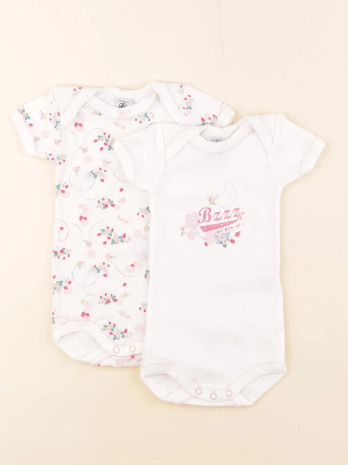 Petit Bateau - lot de 2 bodies en coton blanc, rose - 3 mois