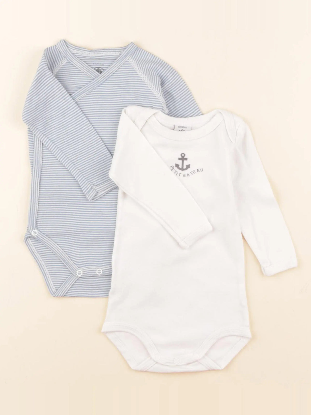 Petit Bateau - lot de 2 bodies en coton blanc, bleu - 6 mois