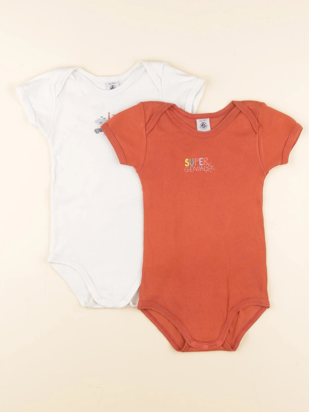 Petit Bateau - lot de 2 bodies en coton blanc, orange - 36 mois