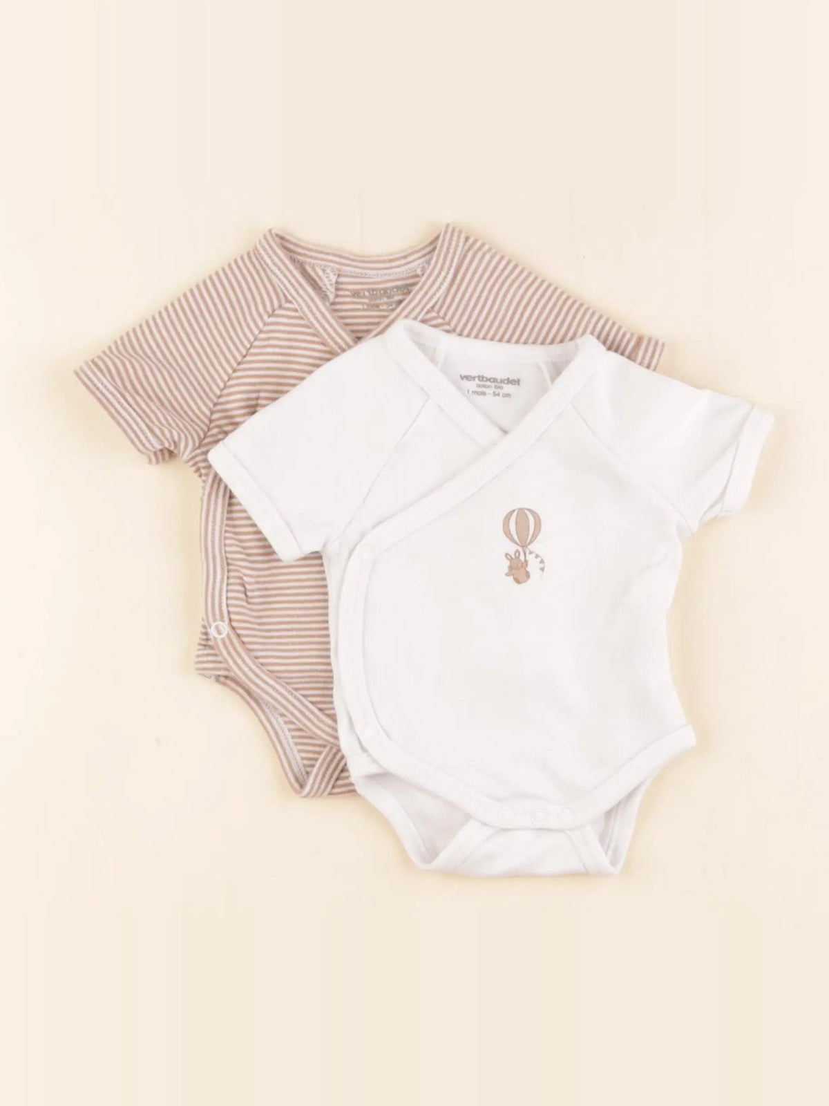 Vertbaudet - lot de 2 bodies en coton blanc, beige - 1 mois