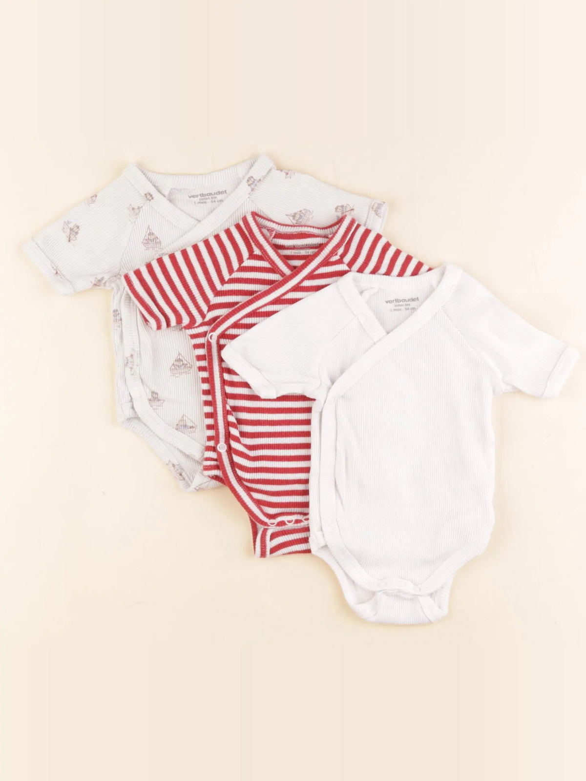 Vertbaudet - lot de 3 bodies en coton blanc, rouge - 1 mois