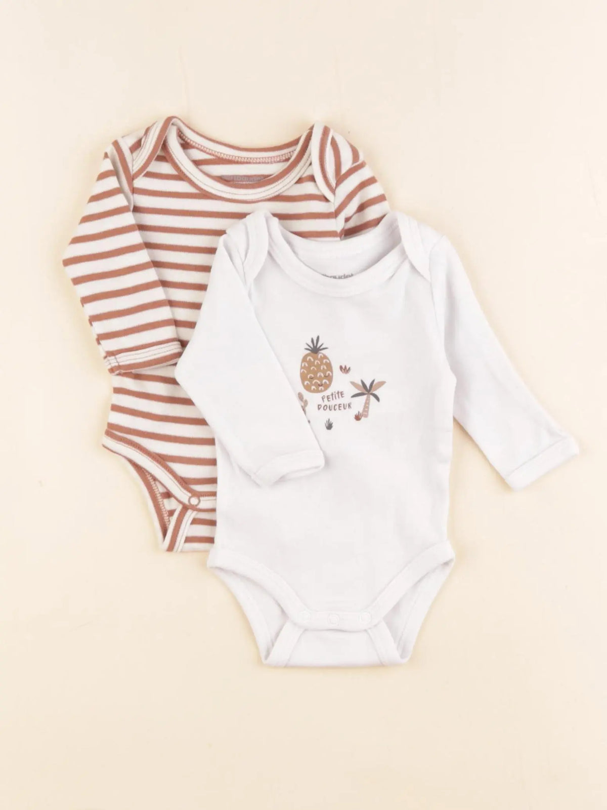 Vertbaudet - lot de 2 bodies en coton blanc, beige - 1 mois