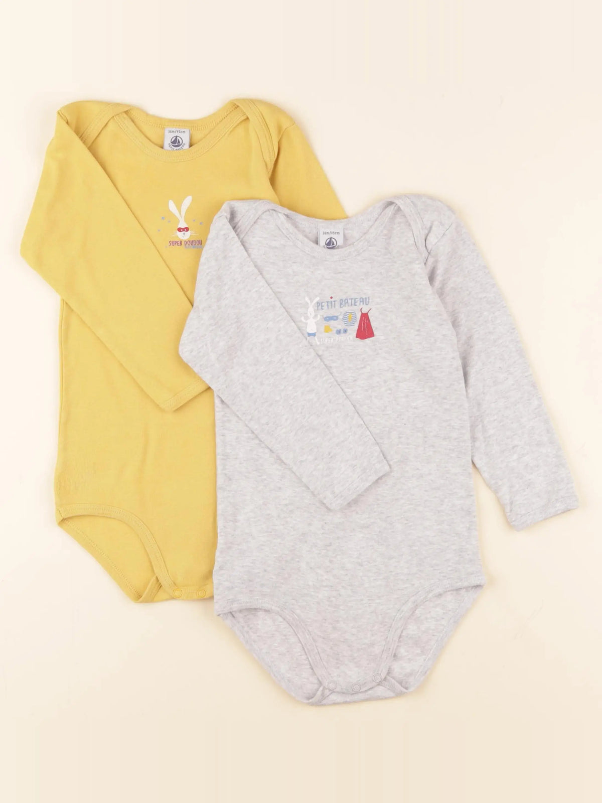 Petit Bateau - lot de 2 bodies en coton gris, jaune - 36 mois