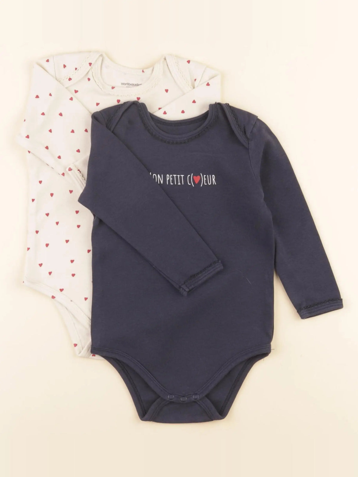 Vertbaudet - lot de 2 bodies en coton bleu, beige - 18 mois