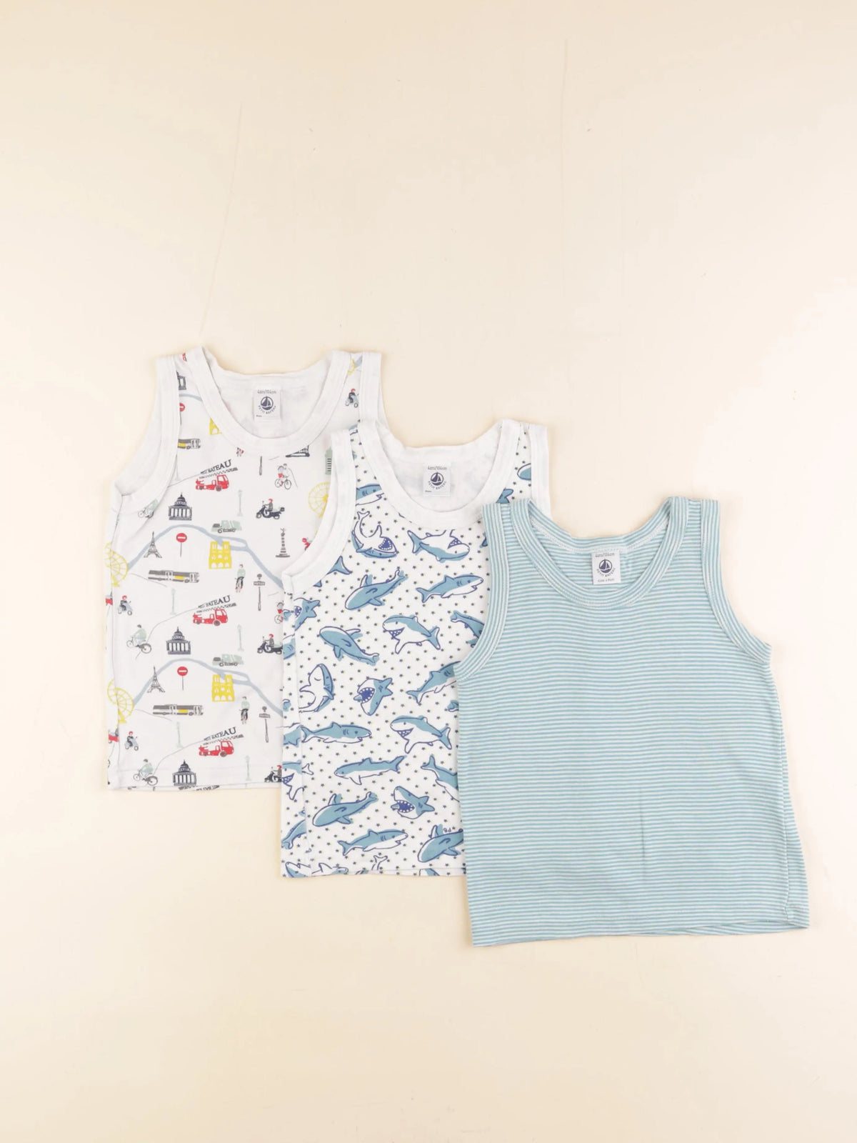 Petit Bateau - lot de 3 maillots de corps blanc, bleu - 4 ans