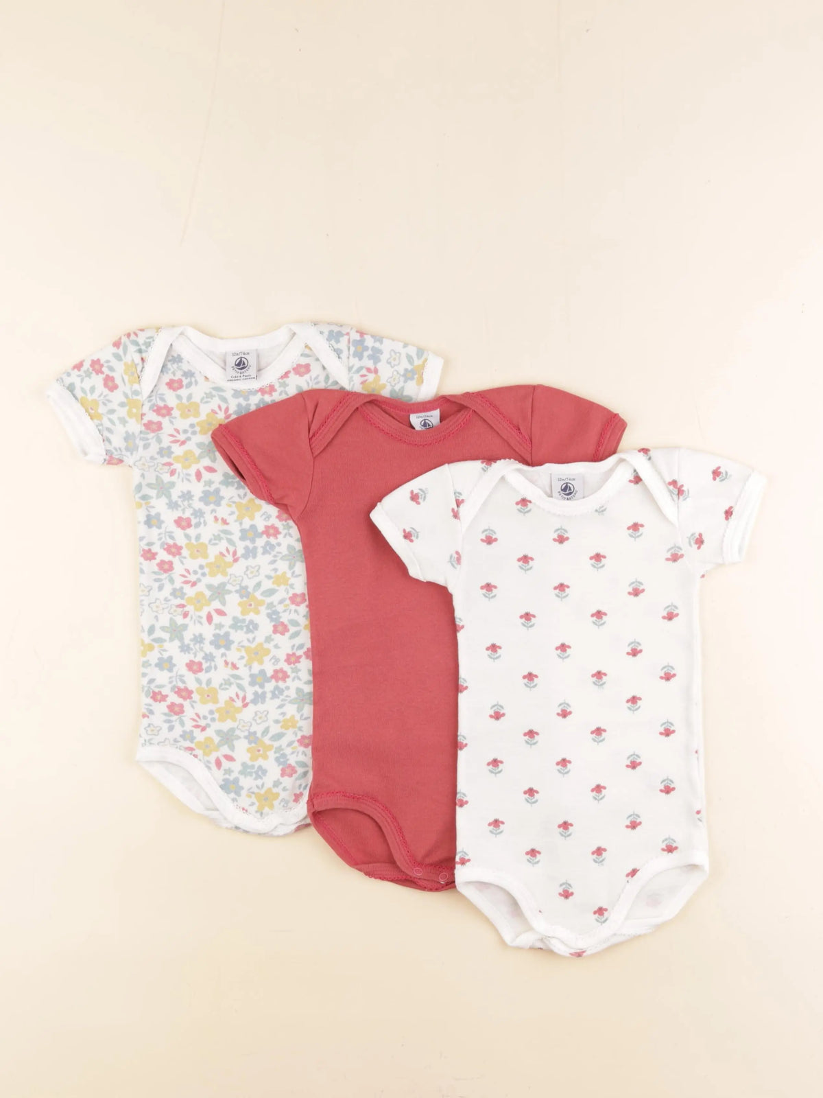 Petit Bateau - lot de 3 bodies en coton blanc, rouge - 12 mois