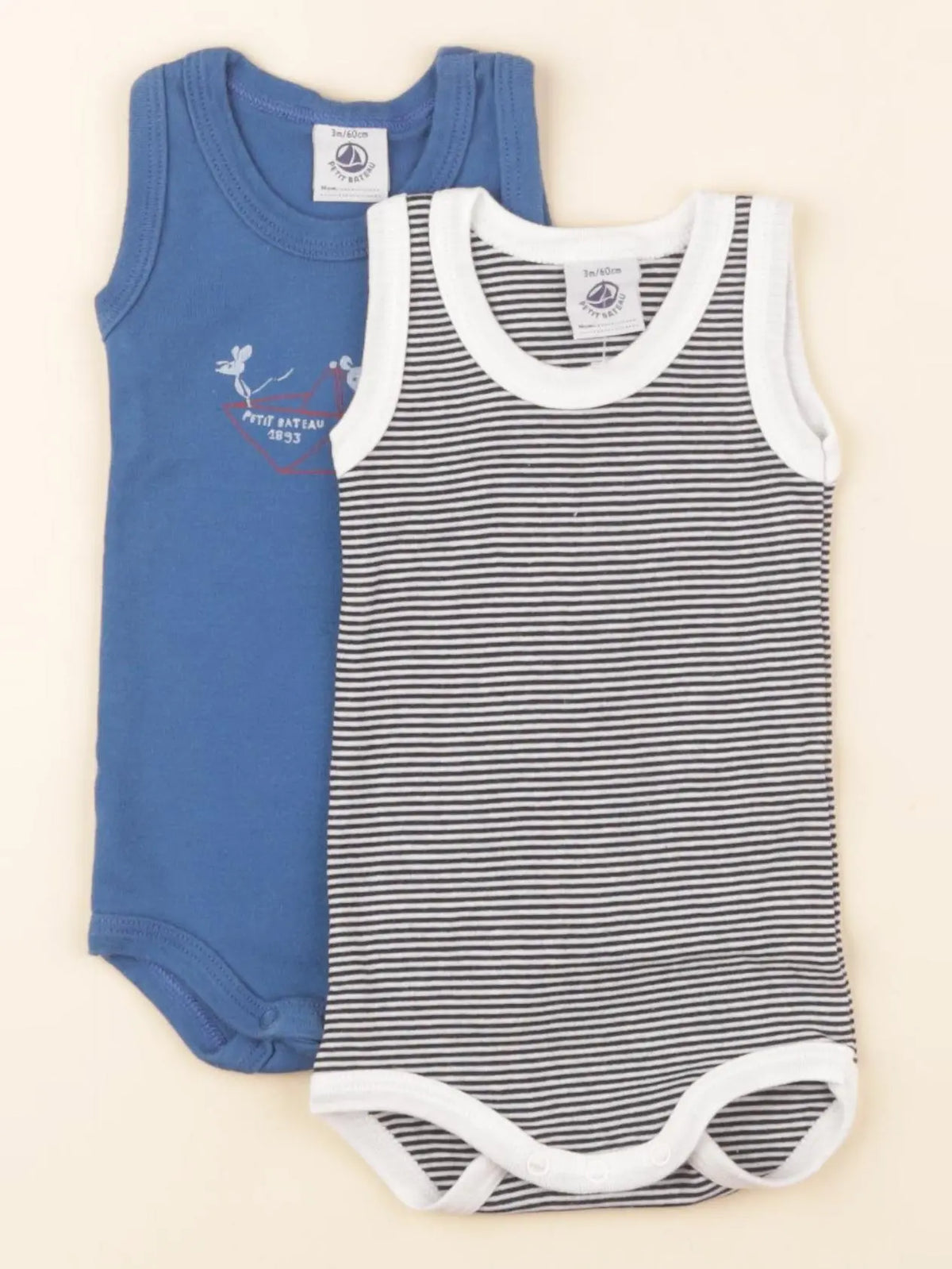Petit Bateau - lot de 2 bodies en coton bleu, blanc - 3 mois
