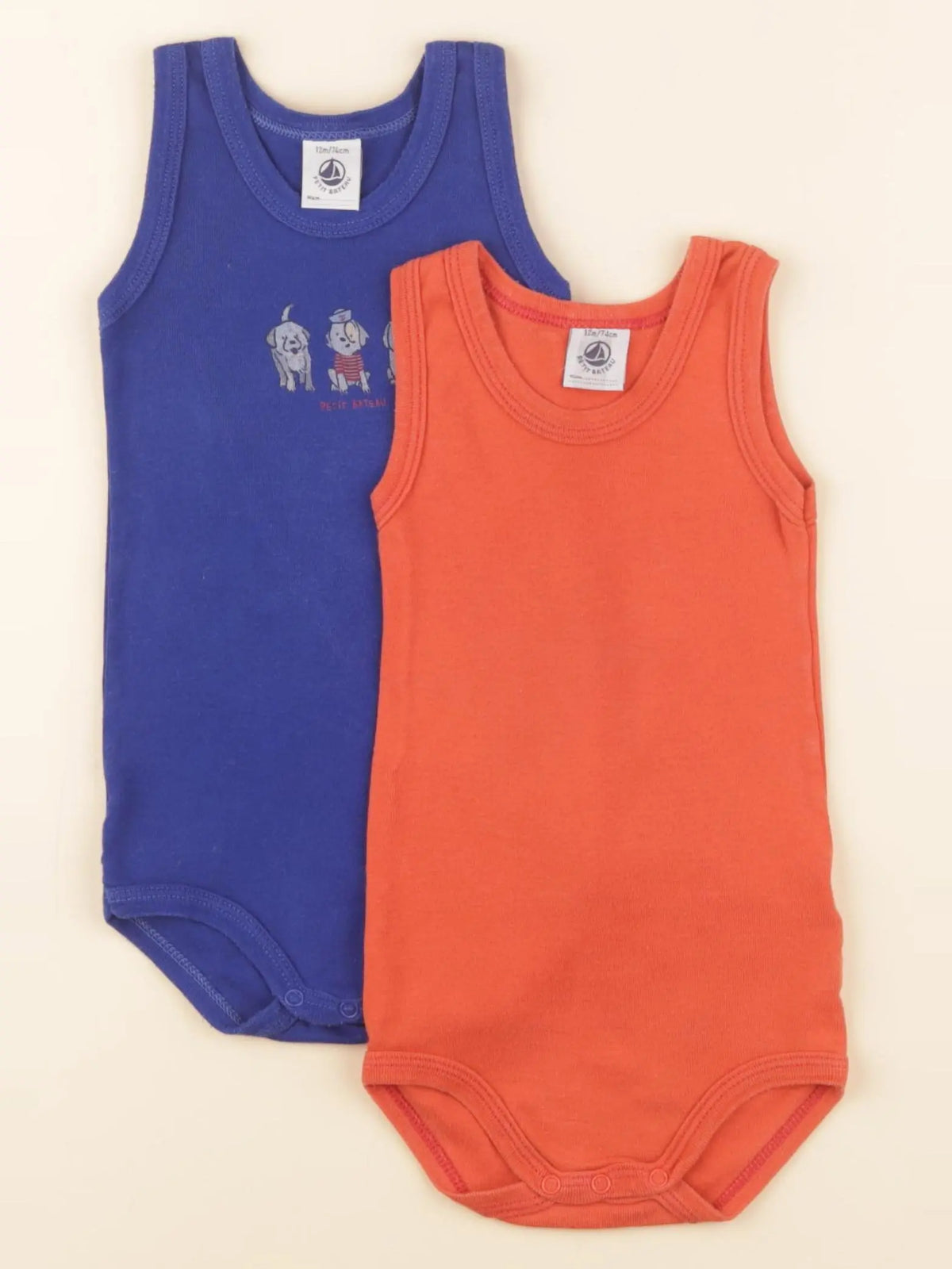 Petit Bateau - lot de 2 bodies en coton bleu, orange - 12 mois