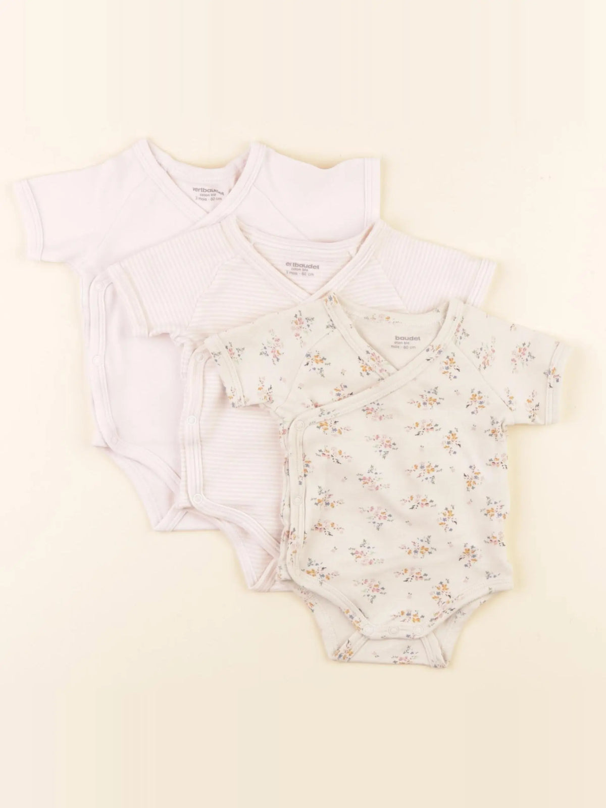 Vertbaudet - lot de 3 bodies en coton rose, beige - 3 mois