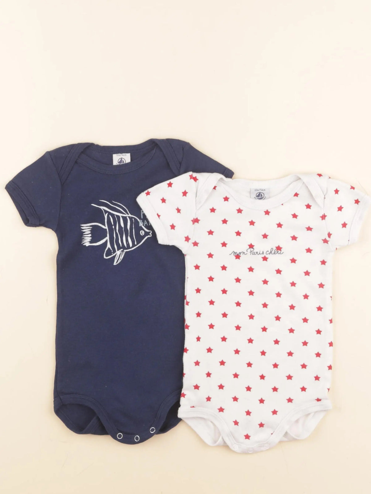 Petit Bateau - lot de 2 bodies en coton blanc, bleu - 12 mois