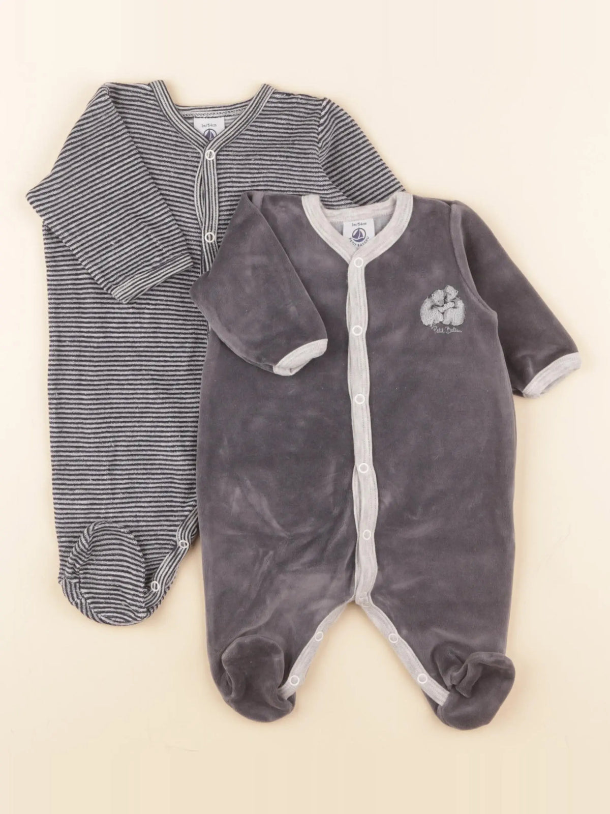 Petit Bateau - lot de 2 pyjamas velours bleu, gris - 1 mois