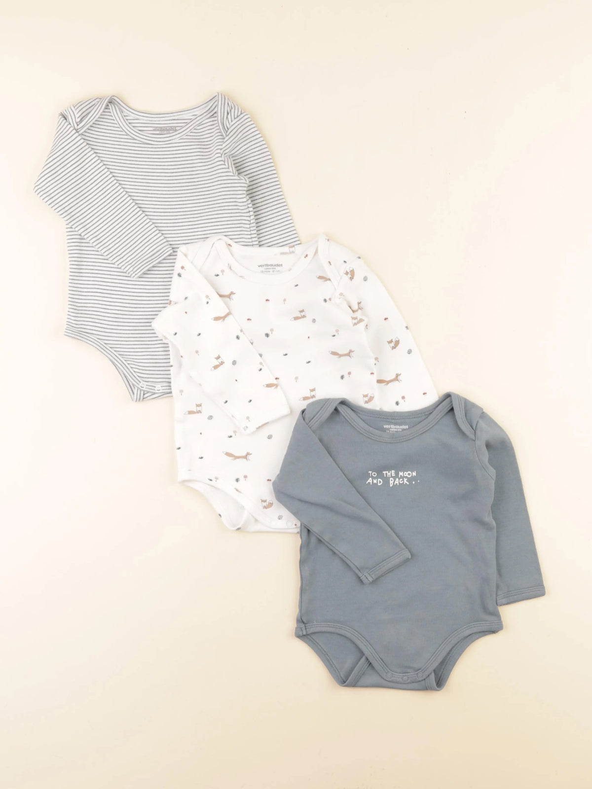 Vertbaudet - lot de 3 bodies en coton vert, blanc - 18 mois