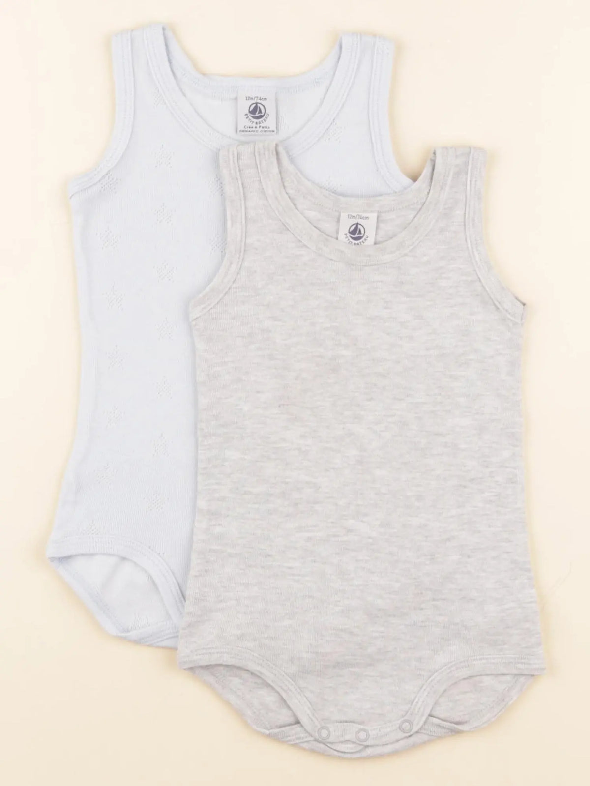 Petit Bateau - lot de 2 bodies en coton bleu, gris - 12 mois