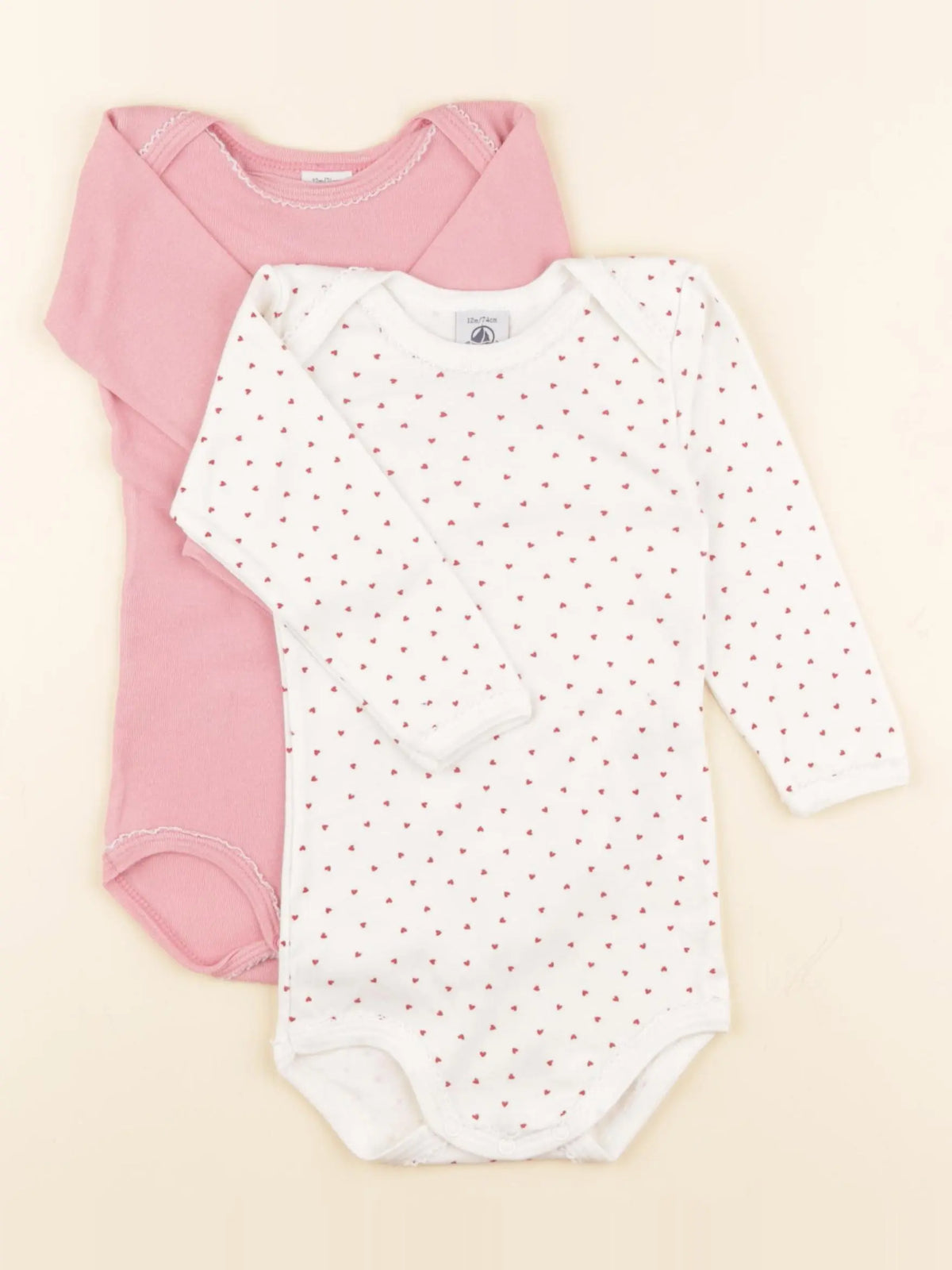Petit Bateau - lot de 2 bodies en coton blanc, rose - 12 mois