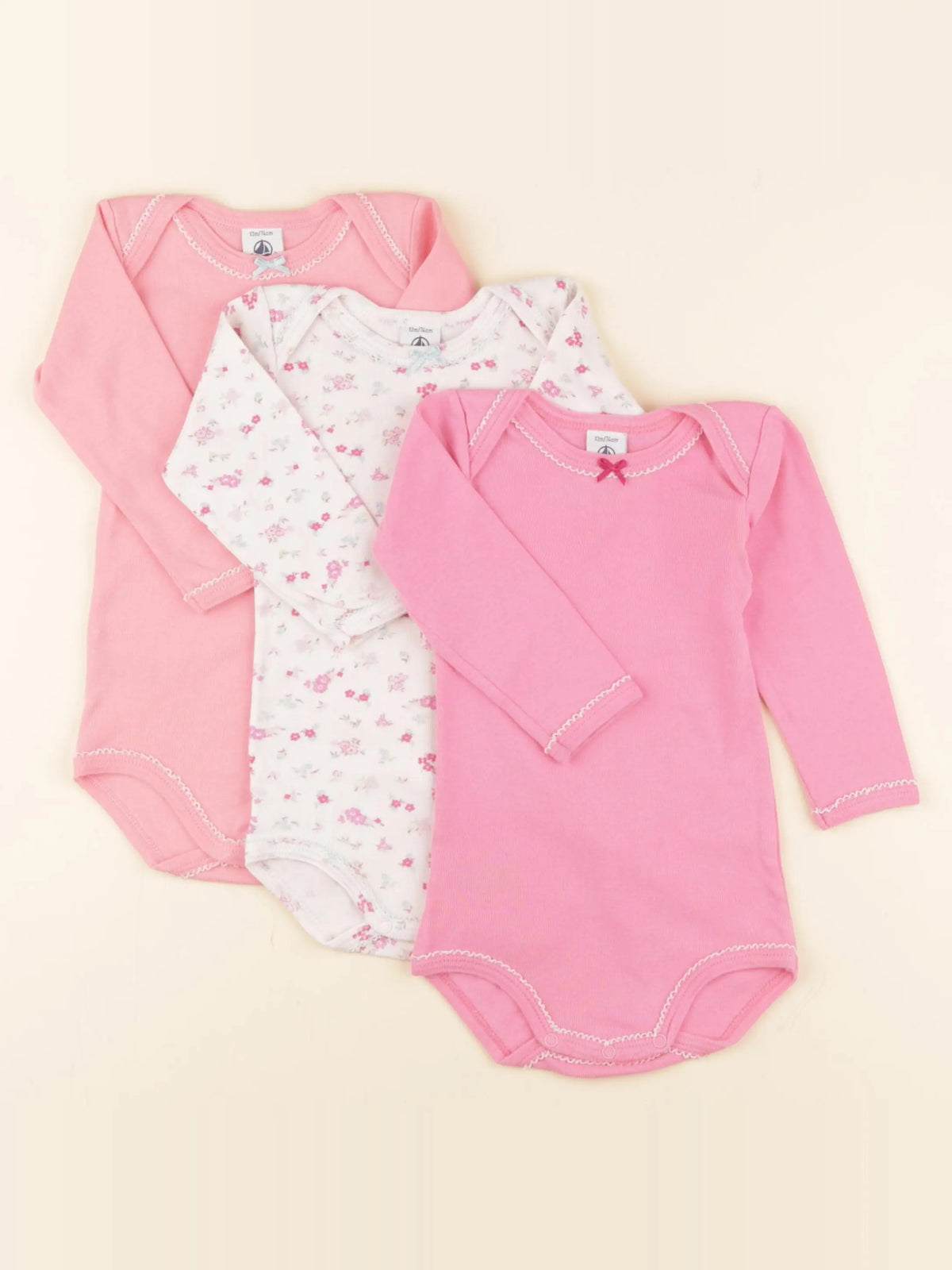 Petit Bateau - lot de 3 bodies en coton blanc, rose - 12 mois