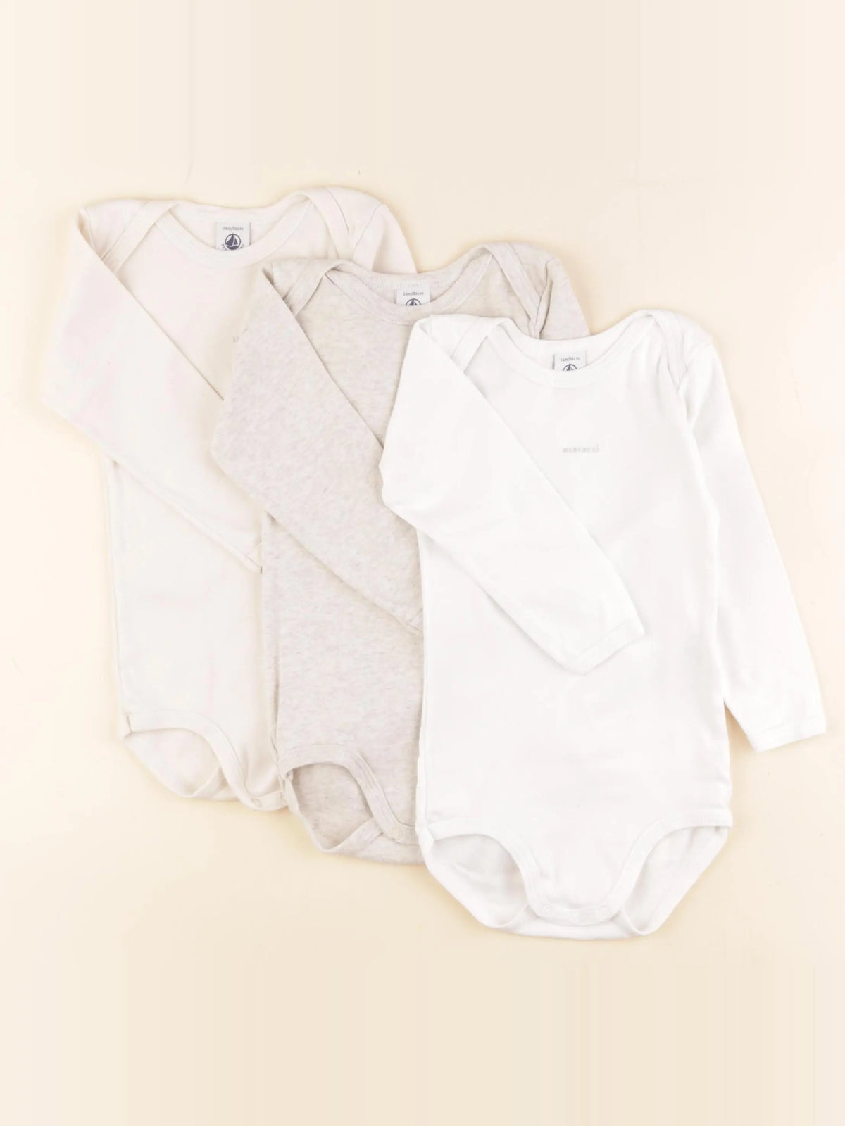 Petit Bateau - lot de 3 bodies en coton blanc, beige - 24 mois