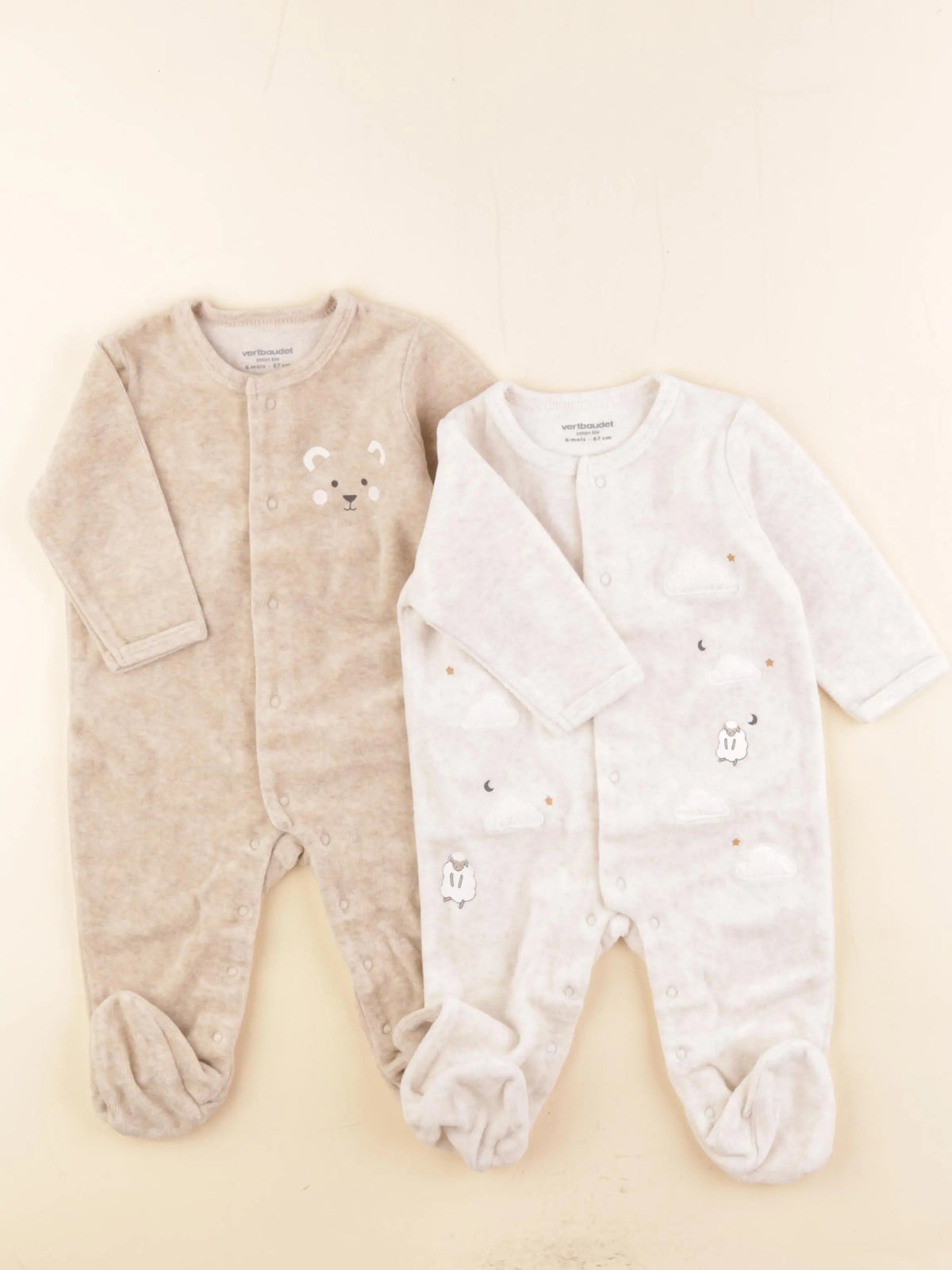 Vertbaudet - lot de 2 pyjamas velours beige, marron - 6 mois