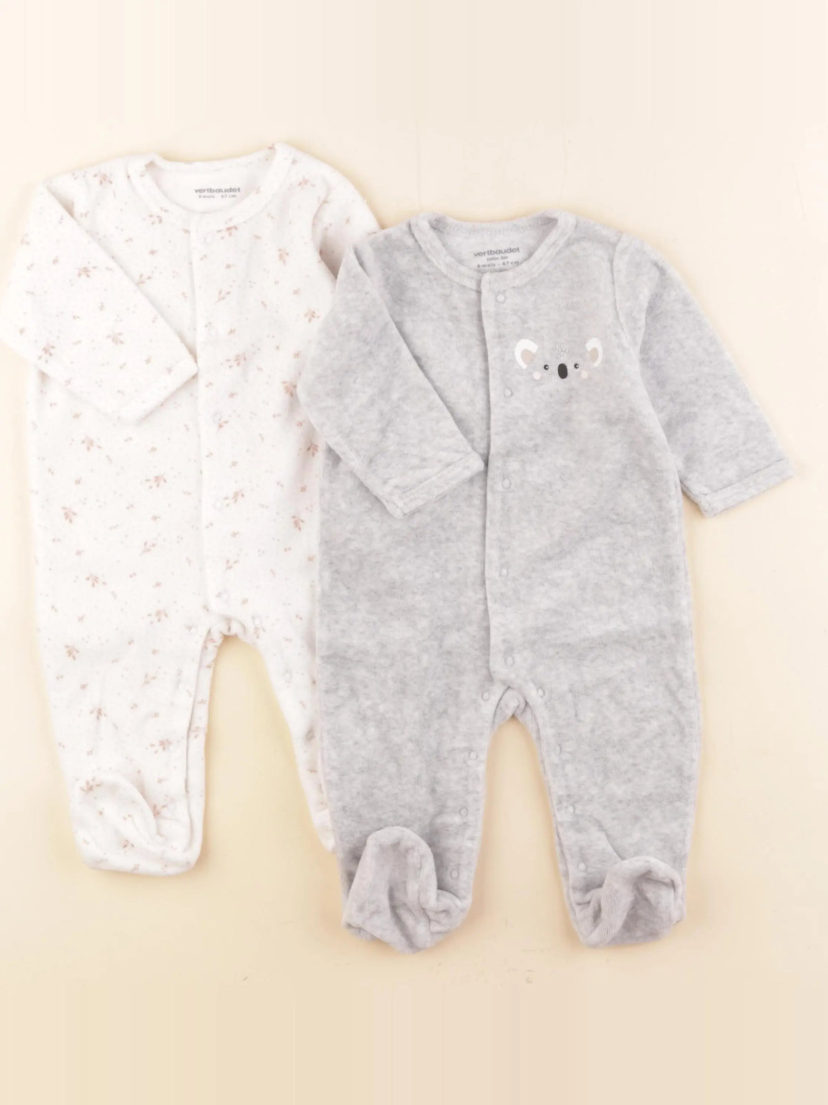 Vertbaudet - lot de 2 pyjamas velours blanc, gris - 6 mois