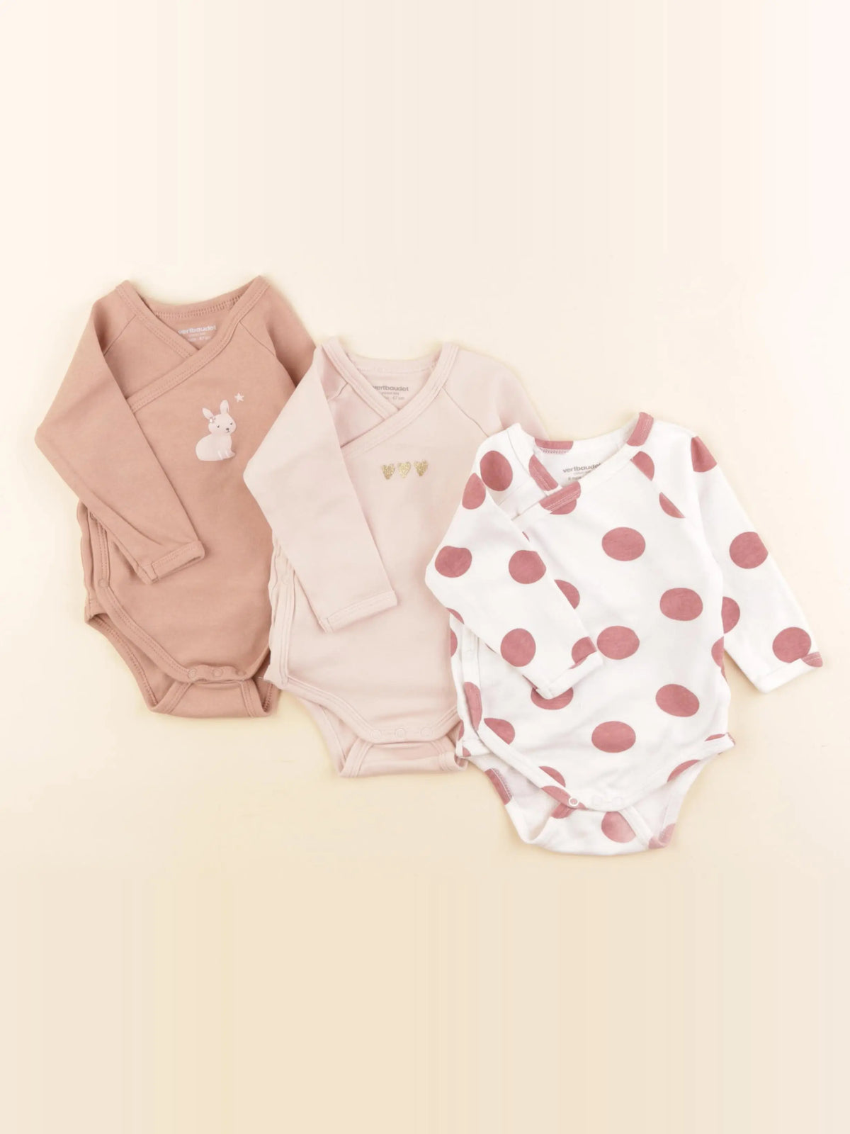 Vertbaudet - lot de 3 bodies en coton rose, blanc - 6 mois