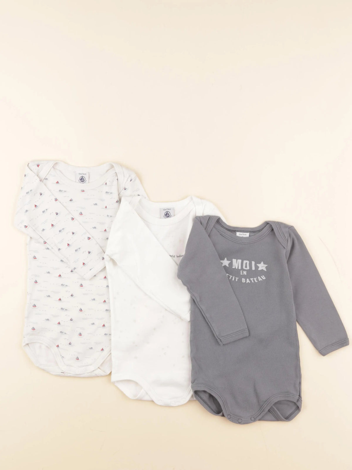 Petit Bateau - lot de 3 bodies en coton gris, blanc - 12 mois