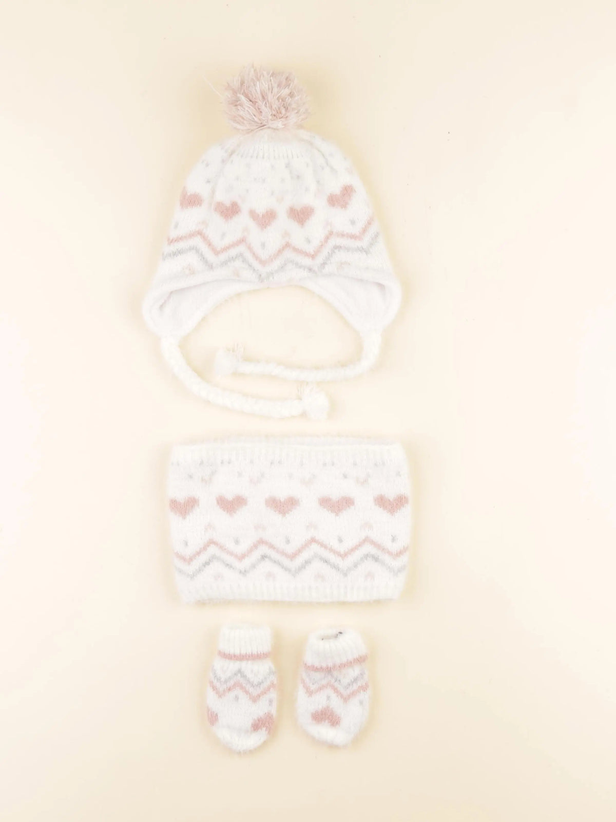Vertbaudet - ensemble bonnet/moufles/tour de cou blanc, rose - 24/36 mois