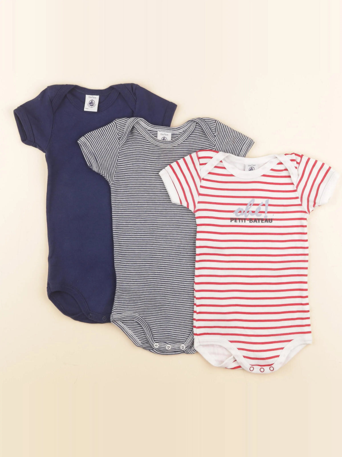 Petit Bateau - lot de 3 bodies en coton bleu, rouge - 12 mois