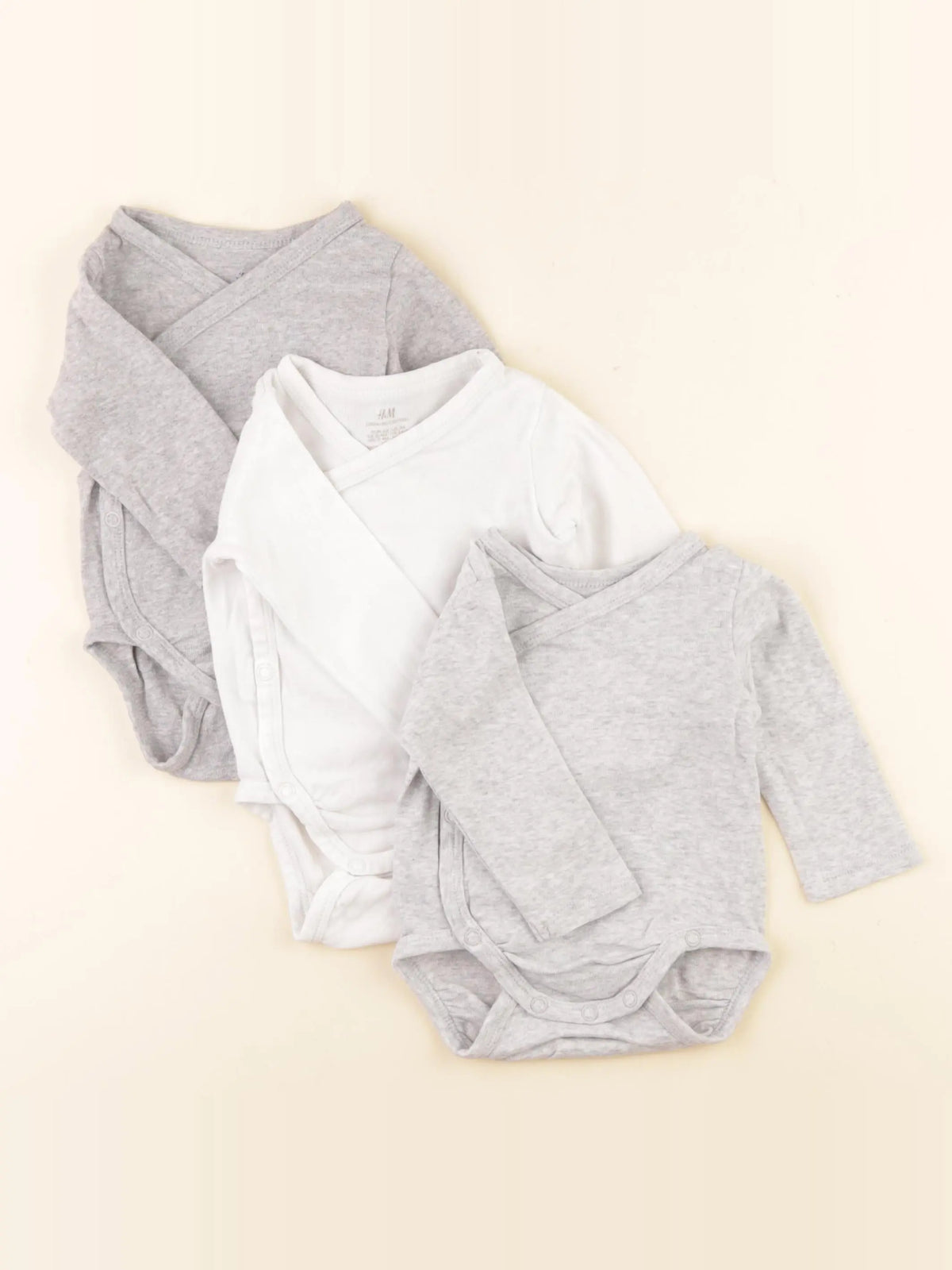 H&M - lot de 3 bodies en coton blanc, gris - 2/4 mois
