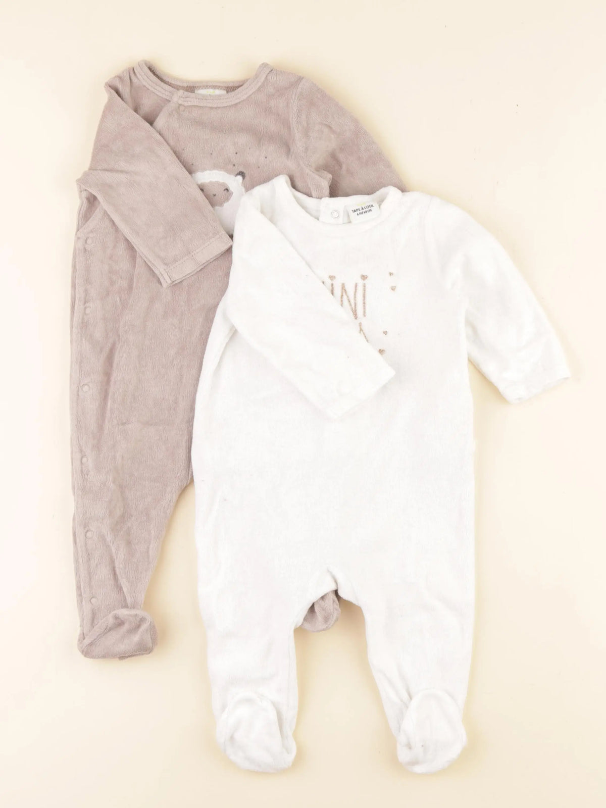 Tape à l'oeil - lot de 2 pyjamas velours blanc, gris - 6 mois