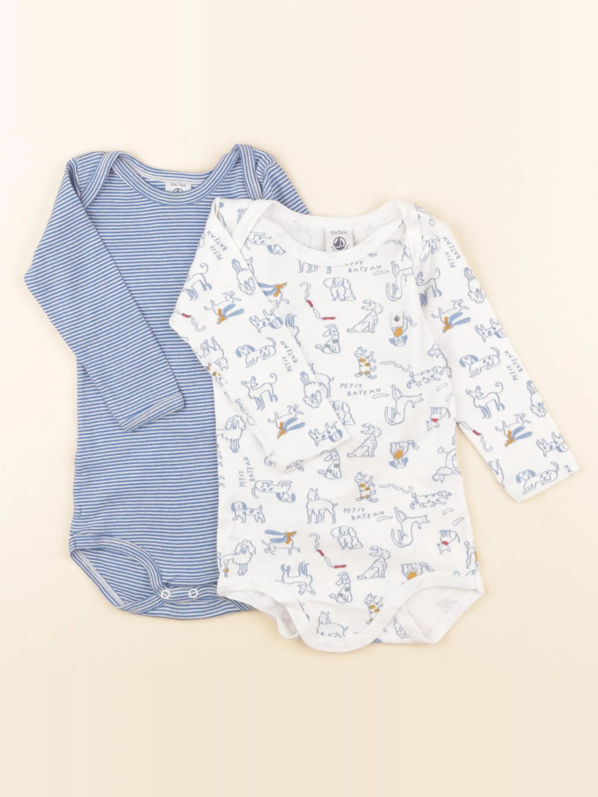 Petit Bateau - lot de 2 bodies en coton blanc, bleu - 12 mois