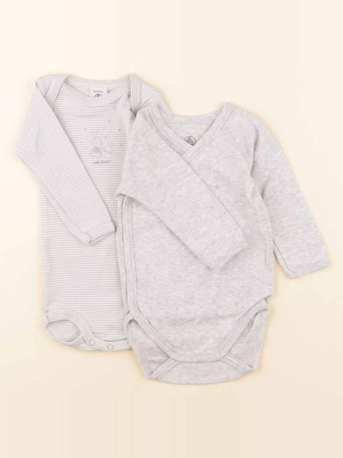 Petit Bateau - lot de 2 bodies en coton gris, blanc - 6 mois