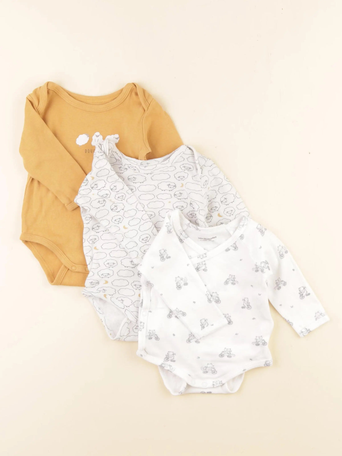 Vertbaudet - lot de 3 bodies en coton jaune, blanc - 6 mois