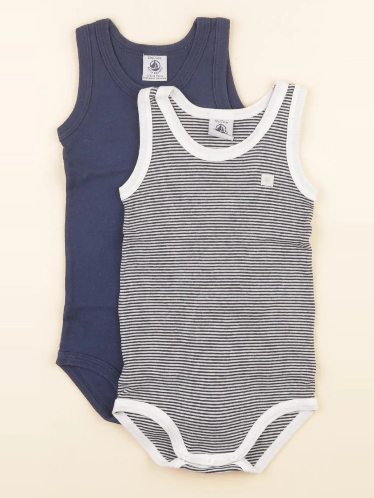 Petit Bateau - lot de 2 bodies en coton blanc, bleu - 12 mois