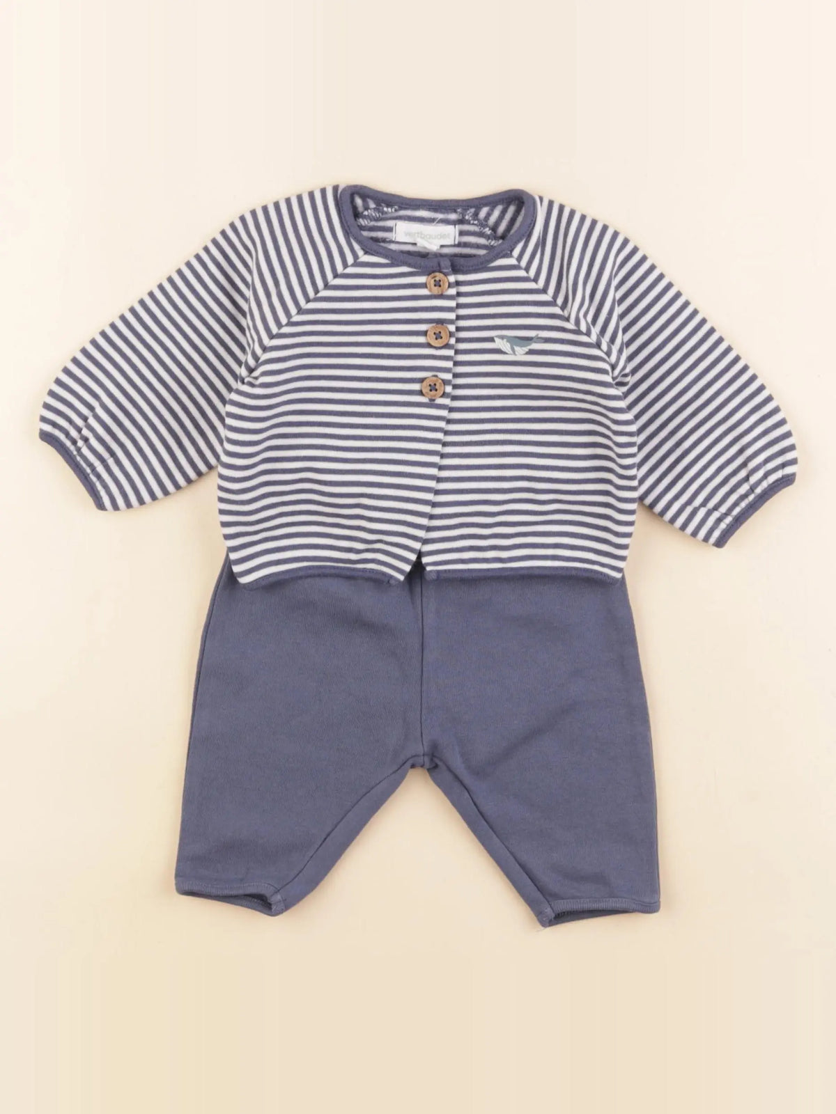 Vertbaudet - ensemble bleu, blanc - 1 mois