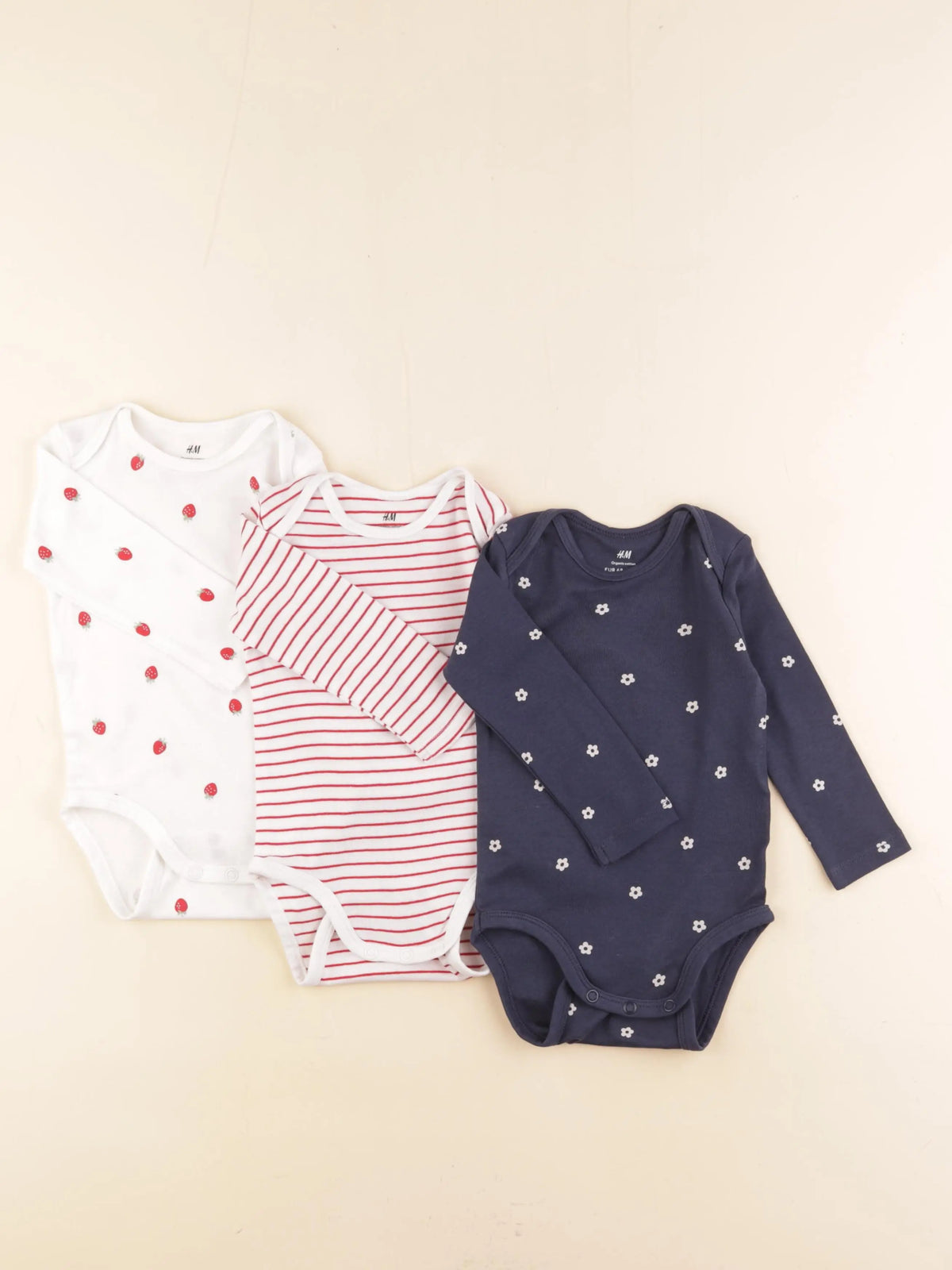 H&M - lot de 3 bodies en coton bleu, rouge, blanc - 6 mois