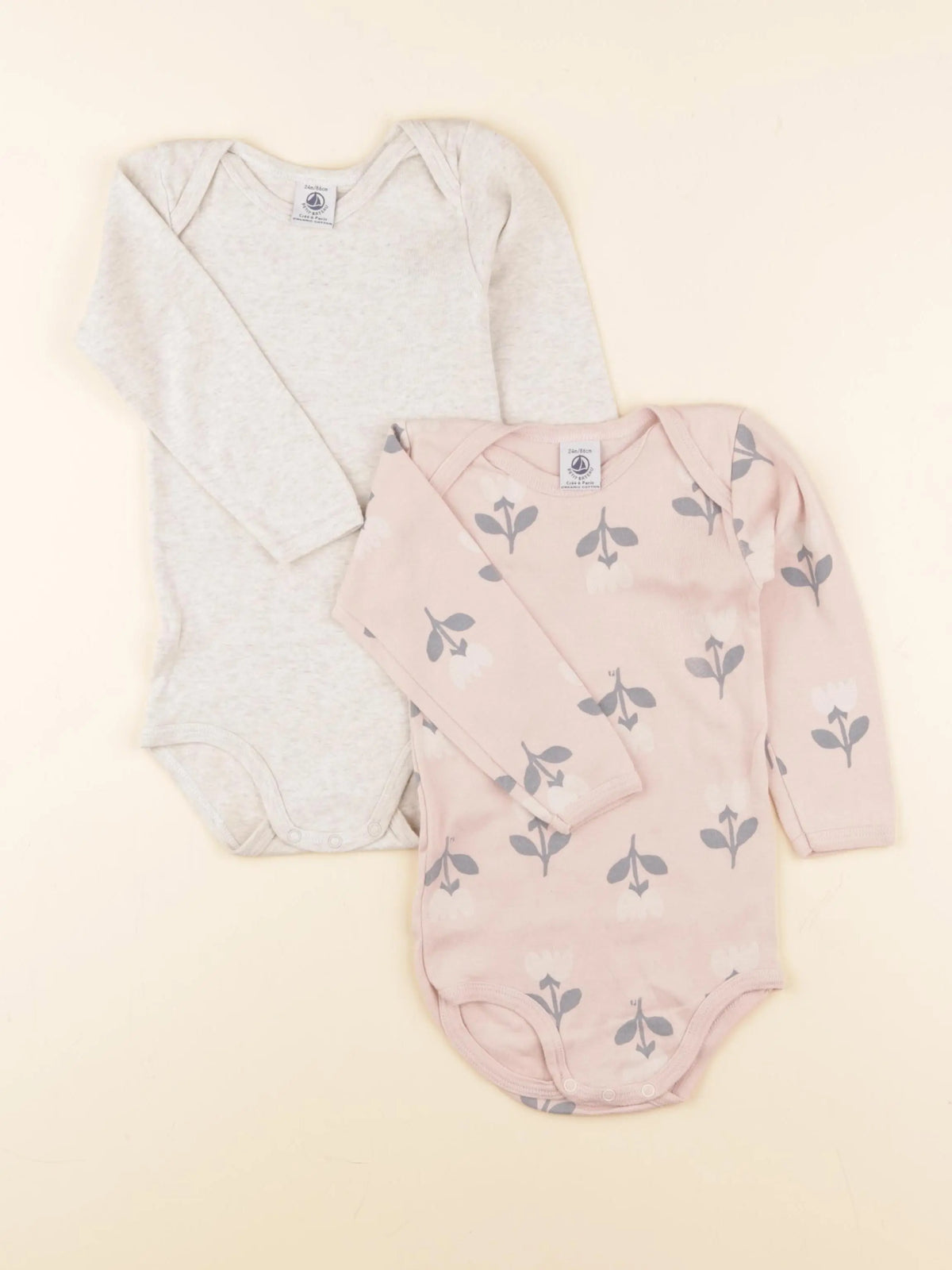 Petit Bateau - lot de 2 bodies en coton gris, rose - 24 mois