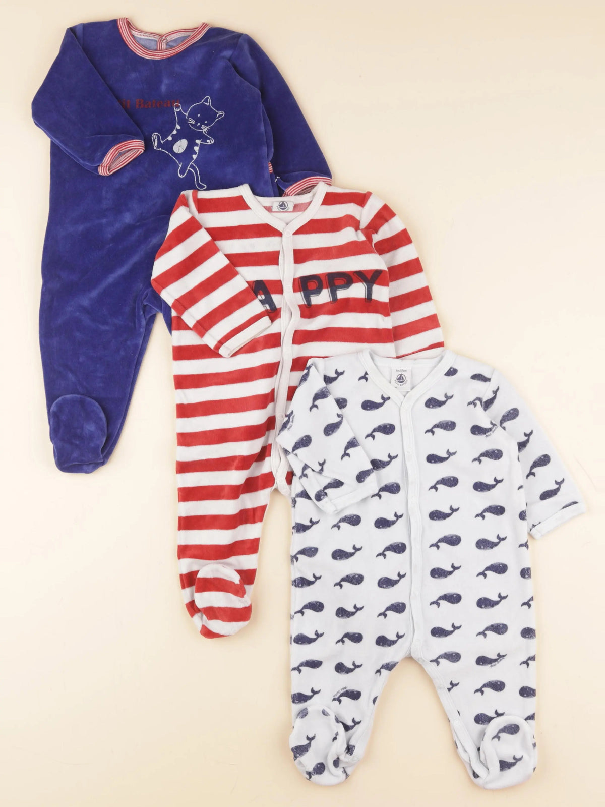 Petit Bateau - lot de 3 pyjamas velours multicolore - 6 mois