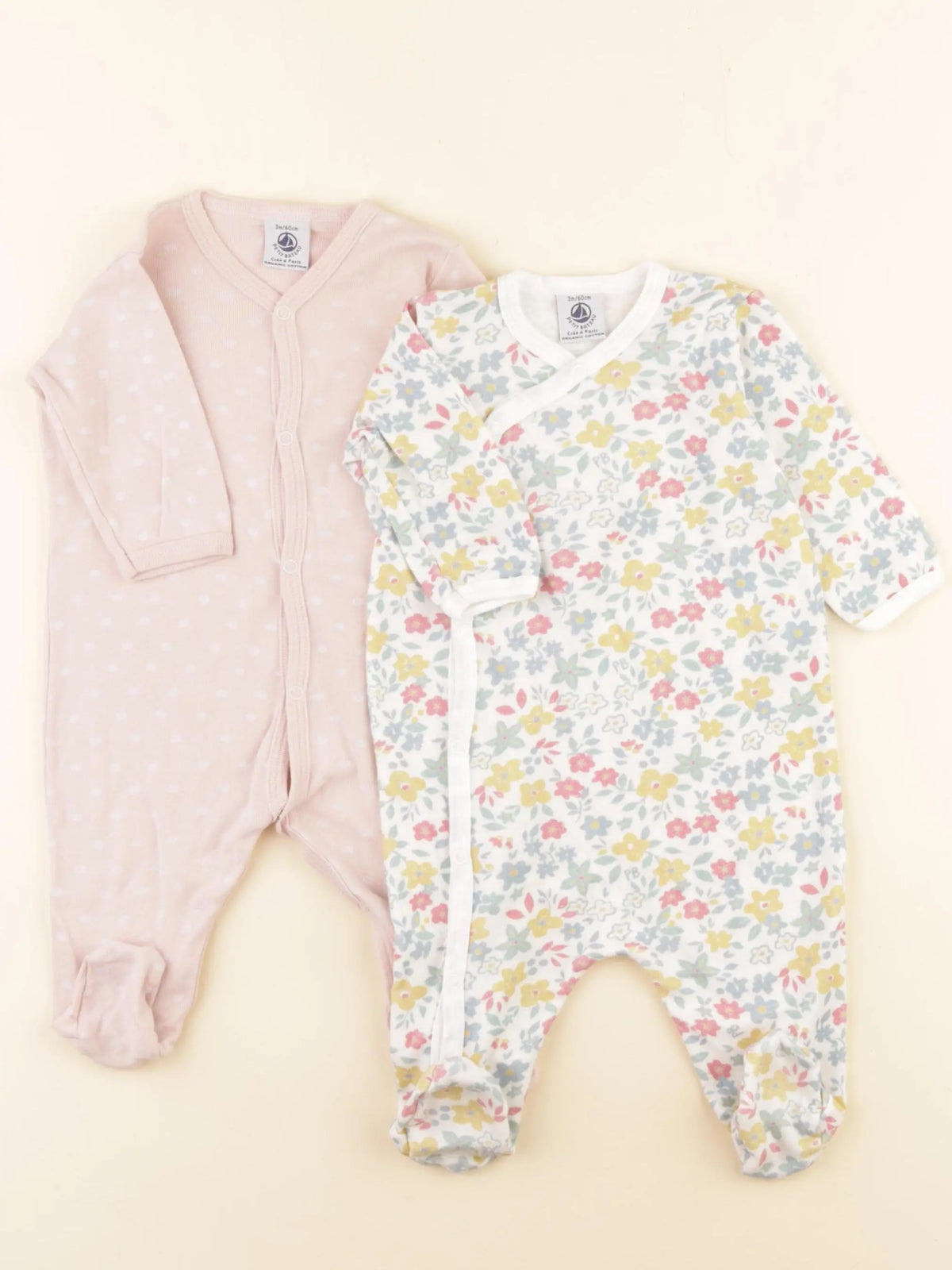 Petit Bateau - lot de 2 pyjamas coton rose, blanc - 3 mois