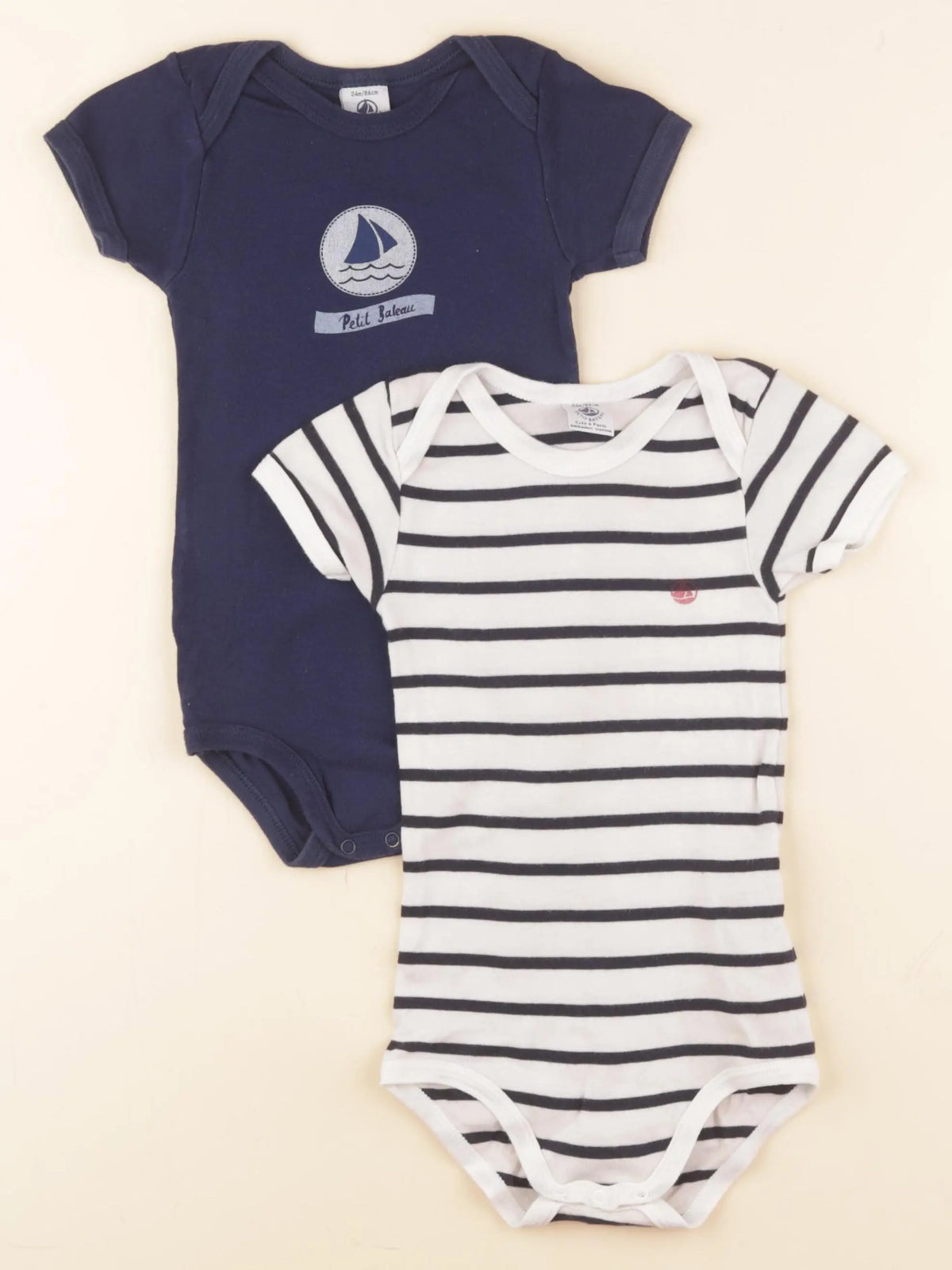 Petit Bateau - lot de 2 bodies en coton blanc, bleu - 24 mois
