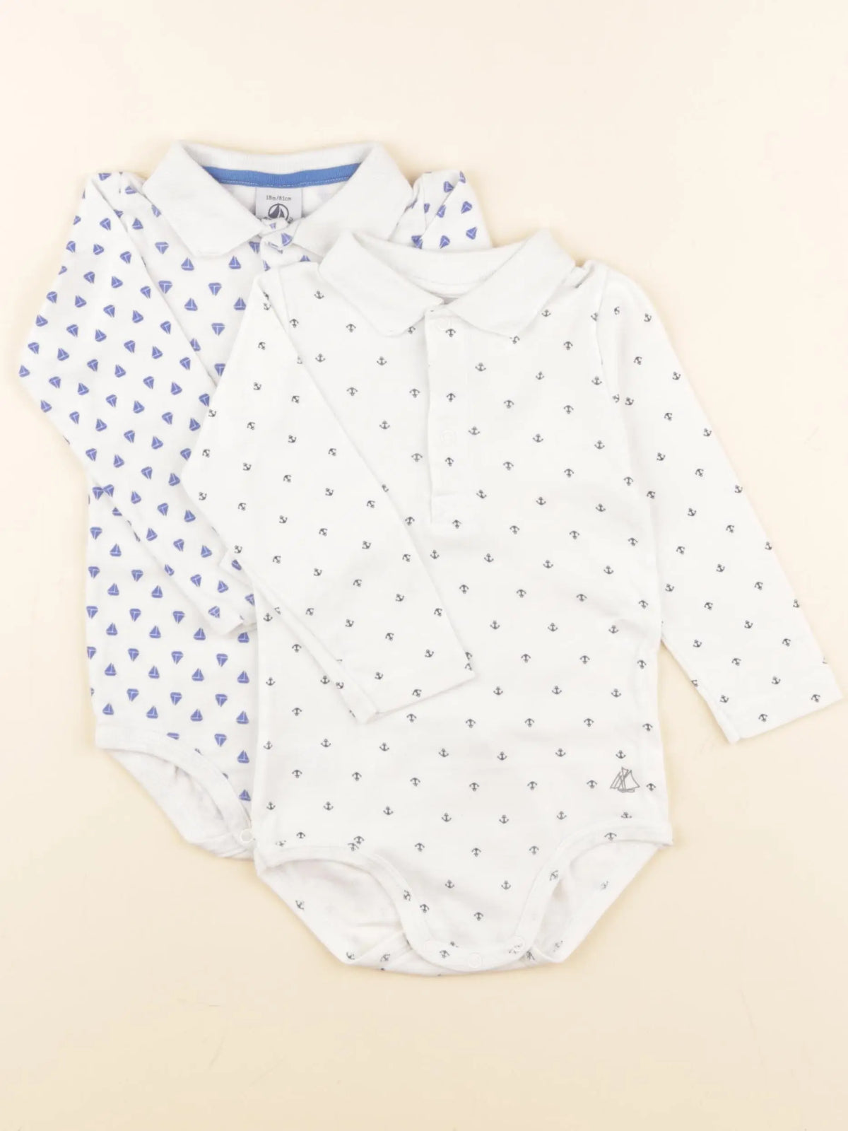 Petit Bateau - lot de 2 bodies à col blanc, bleu - 18 mois