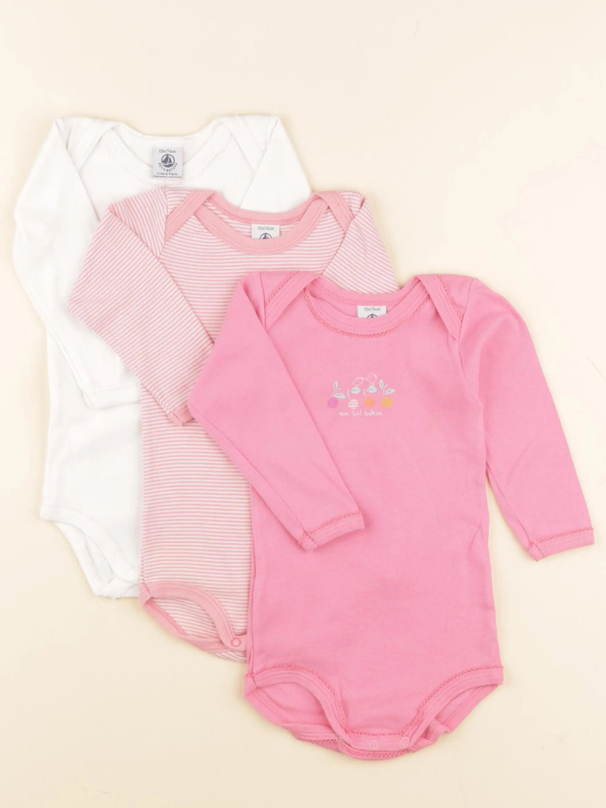 Petit Bateau - lot de 3 bodies en coton blanc, rose - 12 mois