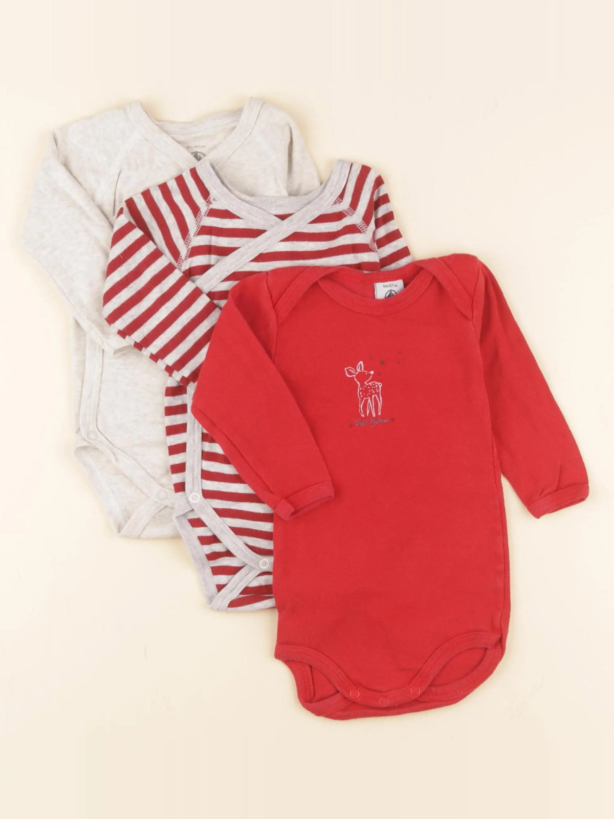 Petit Bateau - lot de 3 bodies en coton beige, rouge - 6 mois