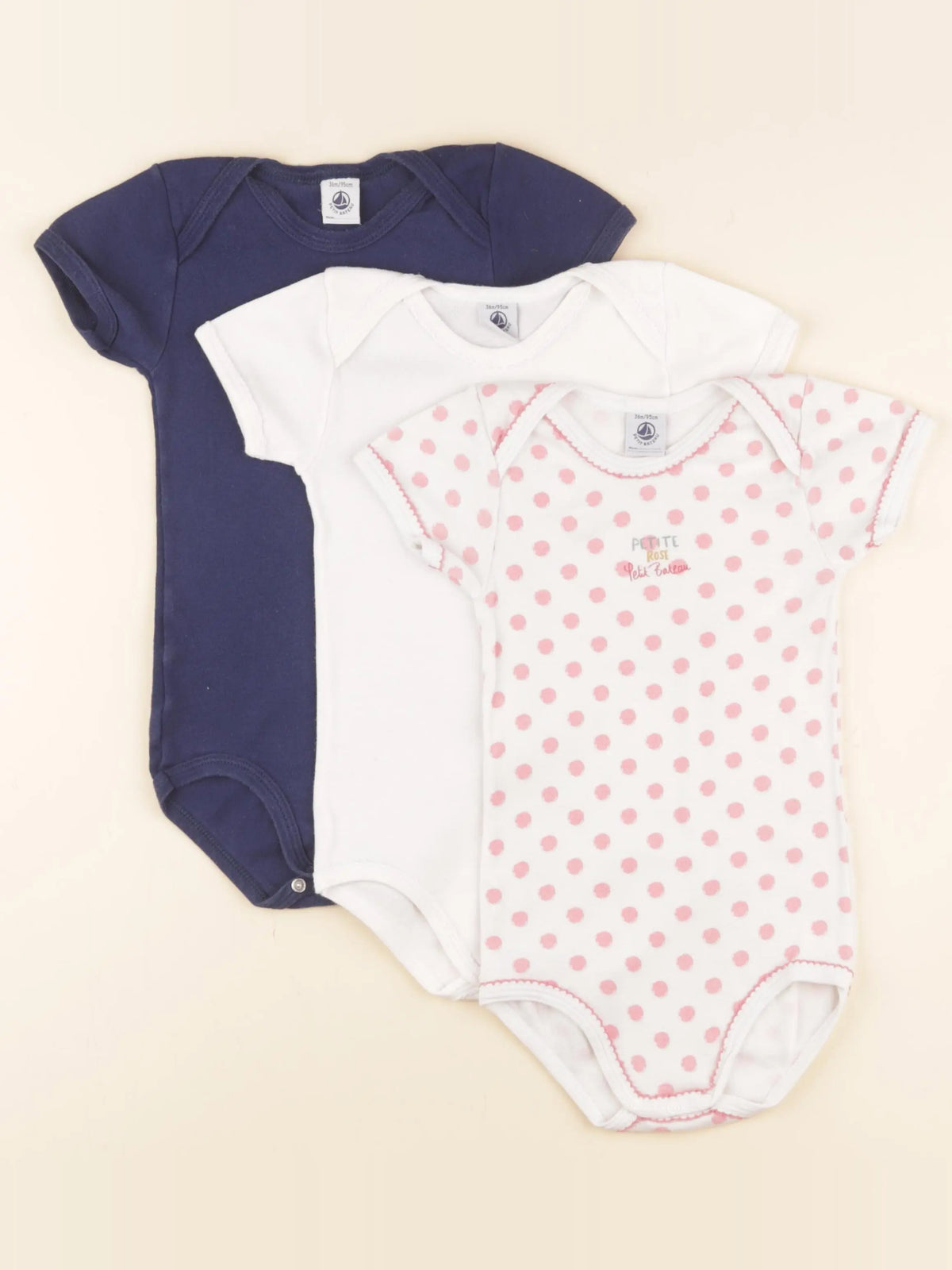 Petit Bateau - lot de 3 bodies en coton bleu, rose - 36 mois