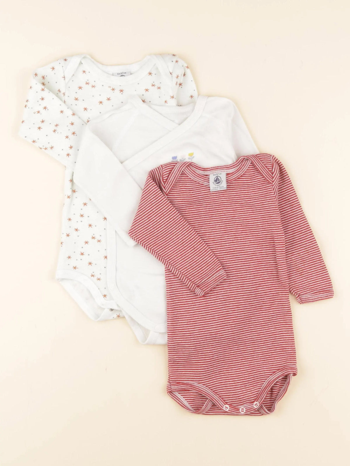 Petit Bateau - lot de 3 bodies en coton blanc, rouge - 6 mois