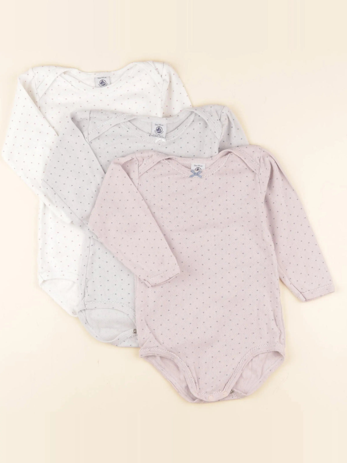 Petit Bateau - lot de 3 bodies en coton gris, blanc, rose - 36 mois