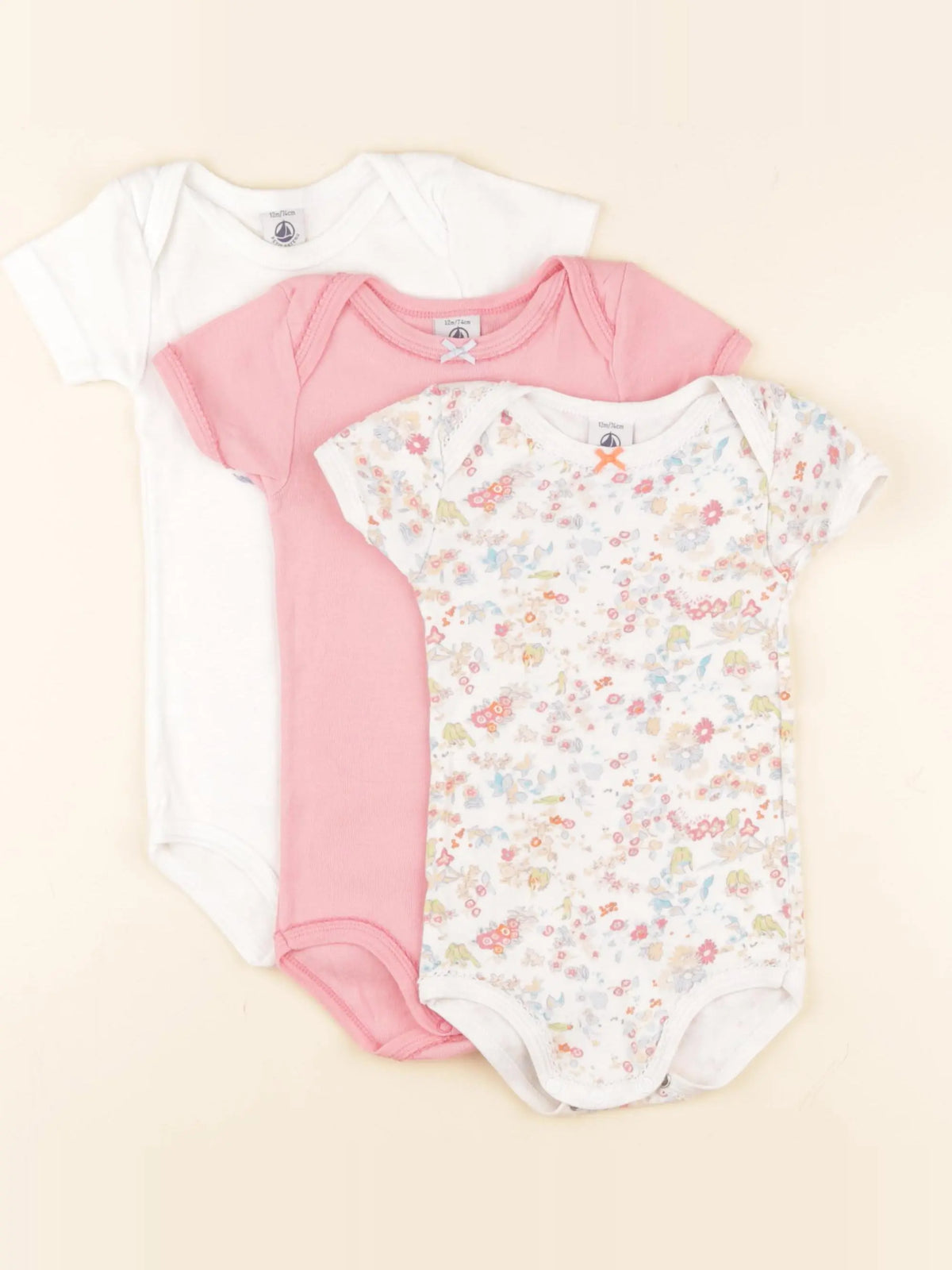 Petit Bateau - lot de 3 bodies en coton blanc, rose - 12 mois