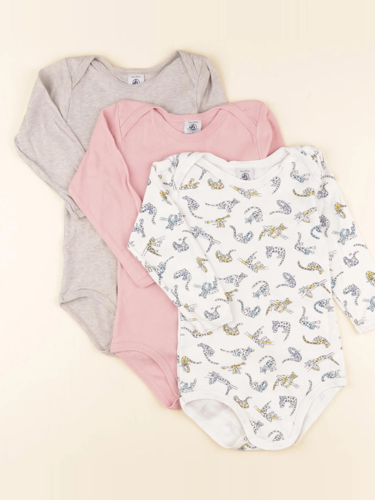 Petit Bateau - lot de 3 bodies en coton gris, rose, blanc - 36 mois