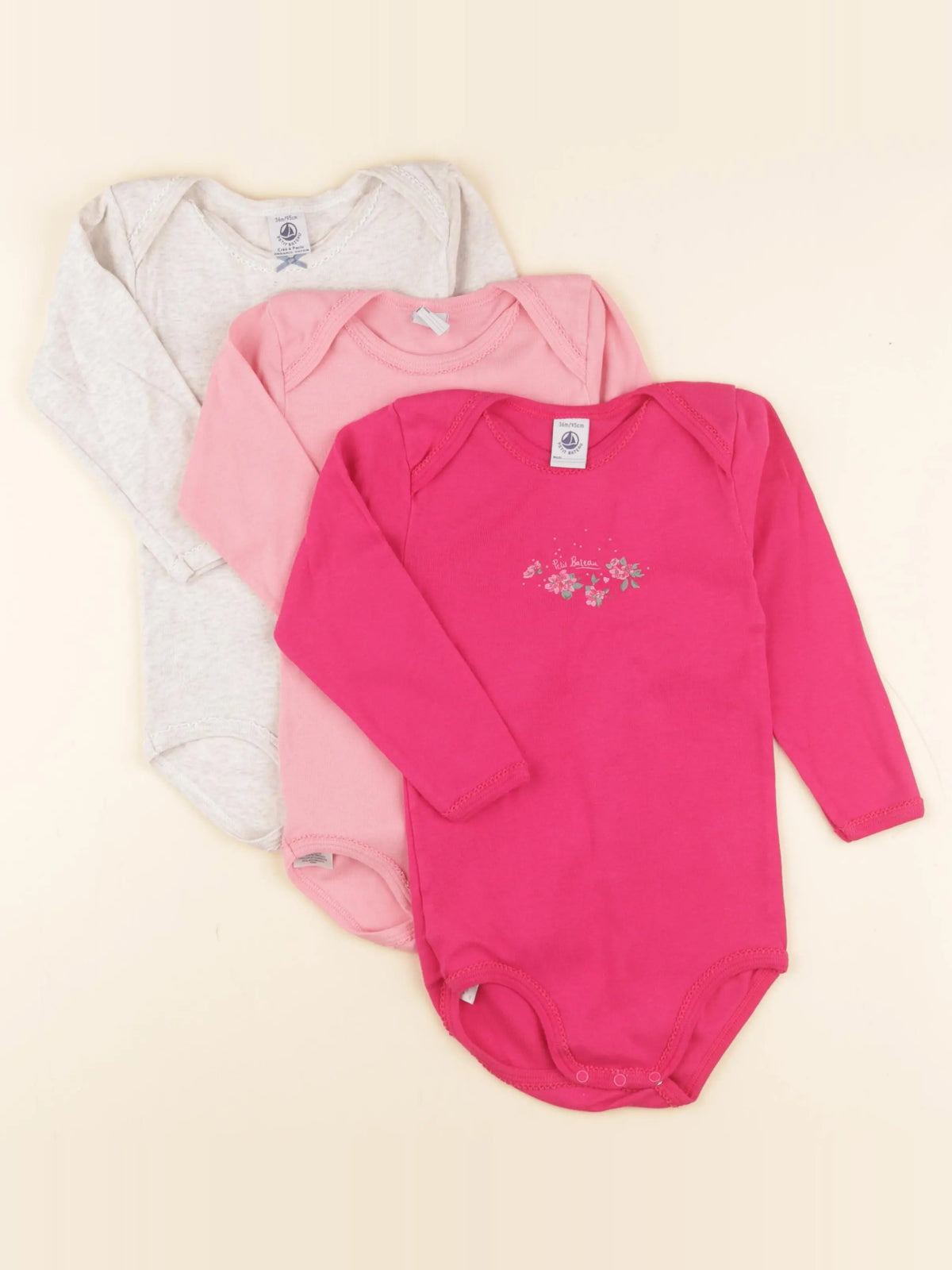 Petit Bateau - lot de 3 bodies en coton rose, beige - 36 mois