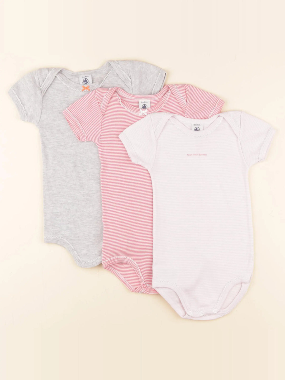 Petit Bateau - lot de 3 bodies en coton gris, rose - 18 mois