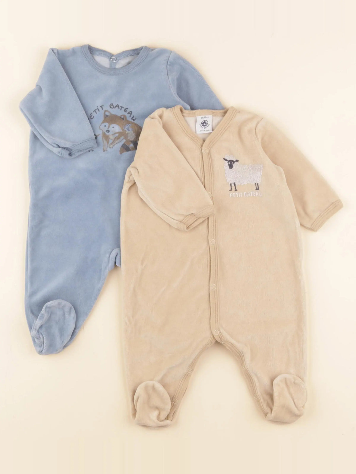 Petit Bateau - lot de 2 pyjamas velours bleu, marron - 3 mois