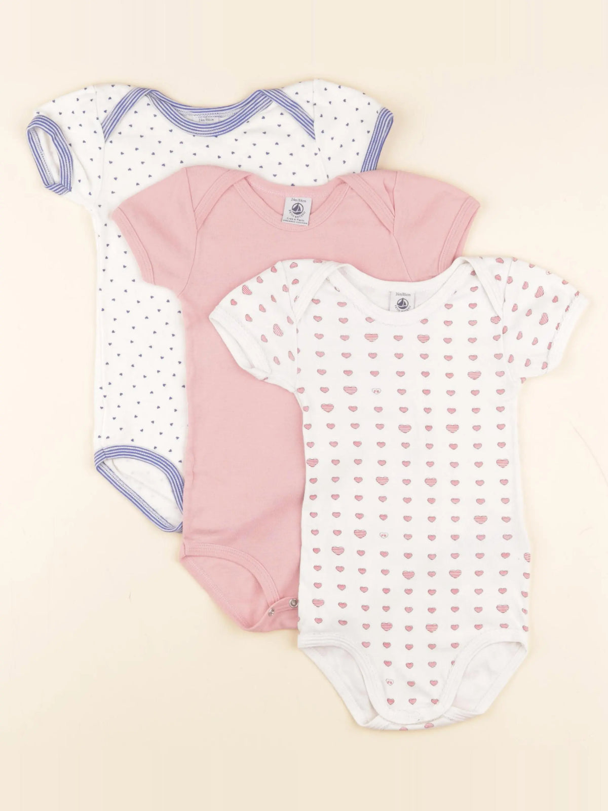 Petit Bateau - lot de 3 bodies en coton rose, bleu, blanc - 24 mois